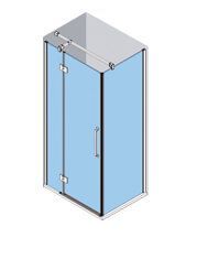 Mampara de ducha de cristal con puerta, cristal azul y marco plateado.