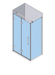 Vista isométrica de una mampara de ducha de cristal con dos puertas abatibles y tirador cromado.