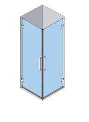 Mampara de ducha de cristal con dos puertas, marco plata, interior azul claro.