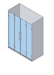 Vista isométrica de una cabina de ducha con puertas de cristal y herrajes plateados. Paneles de cristal azul y marco gris.