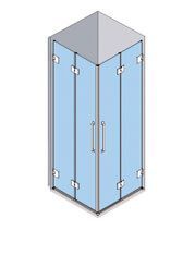 Mampara de ducha de esquina con dos puertas de cristal, marco y tiradores en color plata.