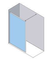 Vista isométrica de una cabina de ducha con un solo panel de vidrio y una entrada parcialmente abierta.