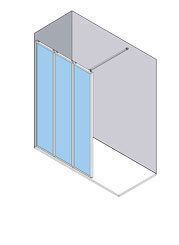 Vista isométrica de una cabina de ducha con tres puertas corredizas de vidrio y una pared.
