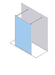 Una mampara de ducha de color azul claro con marco plateado, fijada a una pared gris.