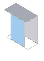 Vista isométrica de una cabina gris con una puerta de vidrio azul.