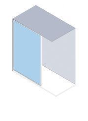 Vista isométrica de un cubículo con una puerta corrediza azul en el lado izquierdo y paredes grises.