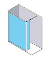 Vista isométrica de una cabina de ducha con puerta corrediza de vidrio y panel lateral.
