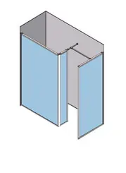 Vista isométrica de una cabina de ducha con paneles de vidrio azul y marco plateado.