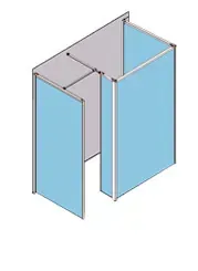Vista isométrica de un cubículo con paneles azules y grises. Los paneles están delineados en plata.