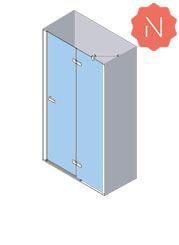 Vista isométrica de una cabina de ducha de vidrio azul con marco plateado, manija de puerta y una pegatina naranja.