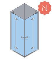 Vista isométrica de una mampara de ducha esquinera azul con cubierta gris. El logotipo 