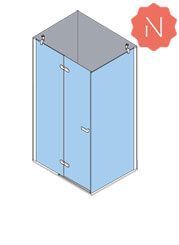 Vista isométrica de una cabina de ducha con paneles de vidrio azul y un marco plateado, marcada con un ícono 