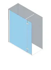 Vista isométrica de una cabina de ducha con puerta de vidrio azul y paredes grises.