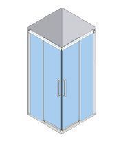 Vista isométrica de una cabina de ducha de esquina con paneles de color azul claro y marco plateado.
