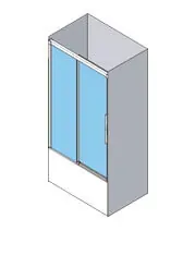 Vista isométrica de una cabina de ducha con puertas corredizas de vidrio, vidrio azul y una bañera blanca.