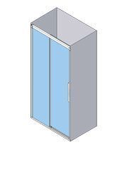 Vista isométrica de una cabina de ducha gris con dos puertas corredizas de vidrio azul y una manija plateada.
