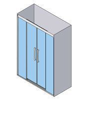Vista isométrica de una cabina de ducha rectangular de color gris con dos puertas corredizas de vidrio azul y manijas plateadas.