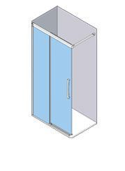 Vista isométrica de una cabina de ducha con puerta corrediza de vidrio; vidrio azul, marco blanco.
