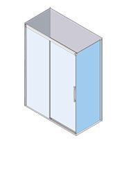 Vista isométrica de una cabina de ducha rectangular con puerta corrediza de vidrio.