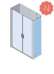 Mampara de ducha con puertas corredizas de cristal, marco cromado y panel lateral esquinero. Incluye el logotipo