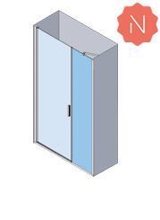 Vista isométrica de una puerta de ducha corrediza de vidrio en un recinto gris, marcada con un ícono