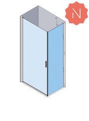 Vista isométrica de una cabina de ducha rectangular con puerta, vidrio azul y un ícono