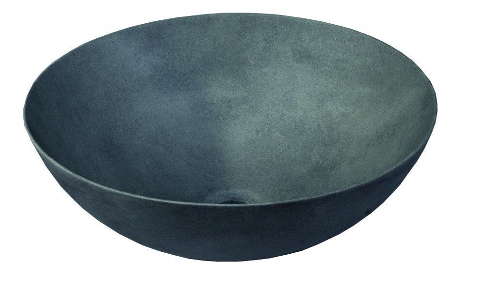 Lavabo de baño de color gris oscuro, en forma de cuenco, con superficie texturizada y orificio de drenaje.