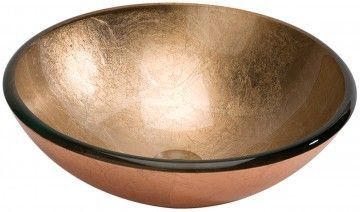 Lavabo de baño redondo de color cobre con interior en pan de oro y borde oscuro.