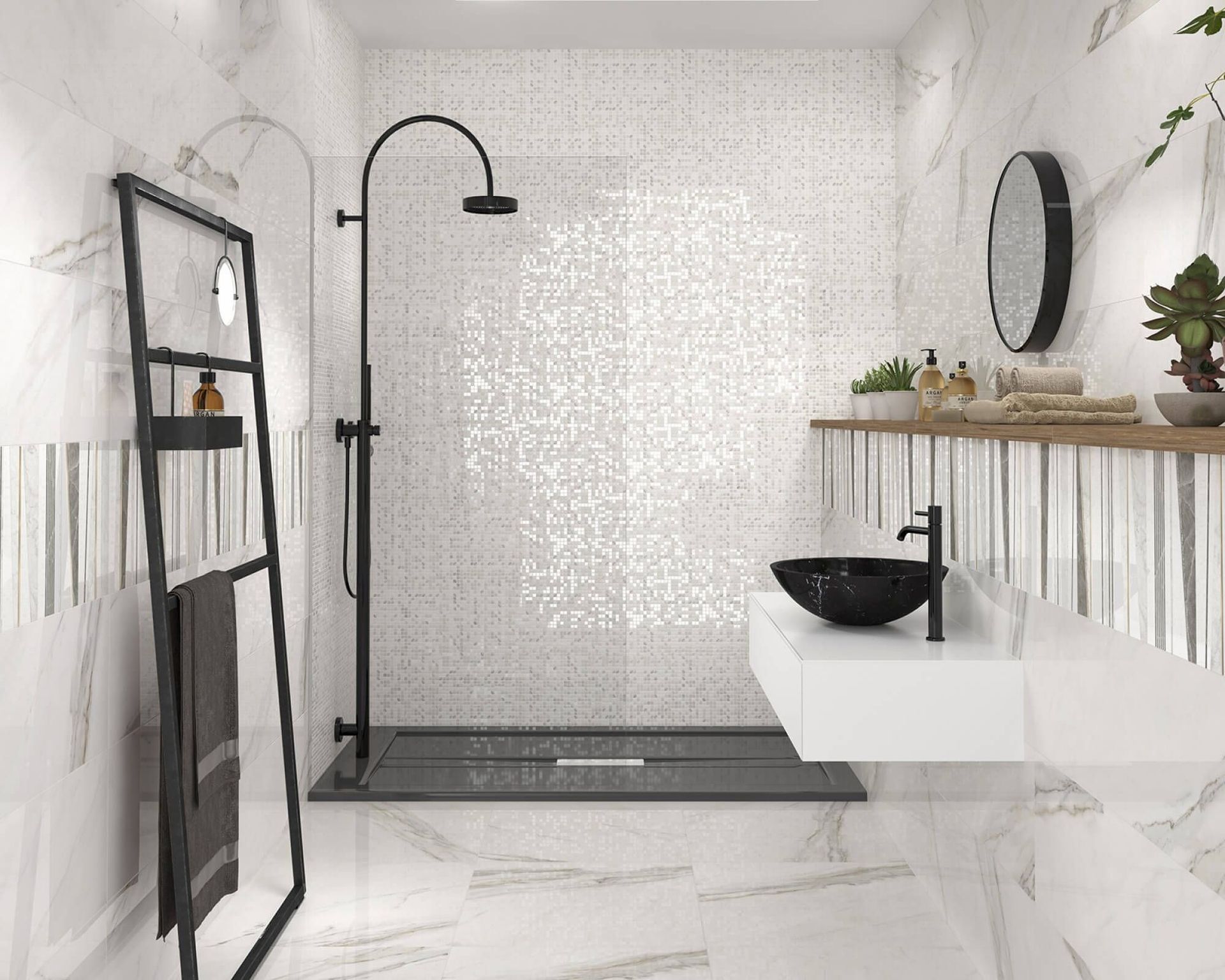 Baño blanco moderno con detalles en negro: ducha, tocador, toallero, plantas y azulejos decorativos.