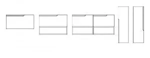 Diagrama de un conjunto de muebles modulares de color blanco, que incluye armarios y cajones.