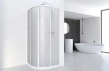Baño blanco y moderno con cabina de ducha curva, lavabo y bañera.