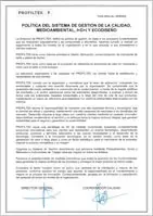 Documento titulado “Política del Sistema de Gestión de Calidad, Medio Ambiente, Seguridad y Salud Laboral y Ecodiseño” con firmas.