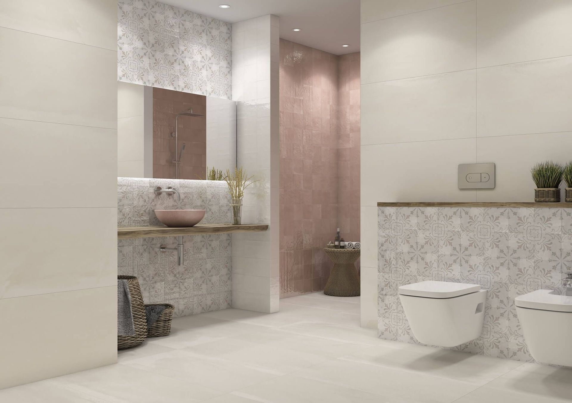 Un baño moderno con paredes blancas y rosas, que incluye lavabo, inodoro y detalles decorativos.
