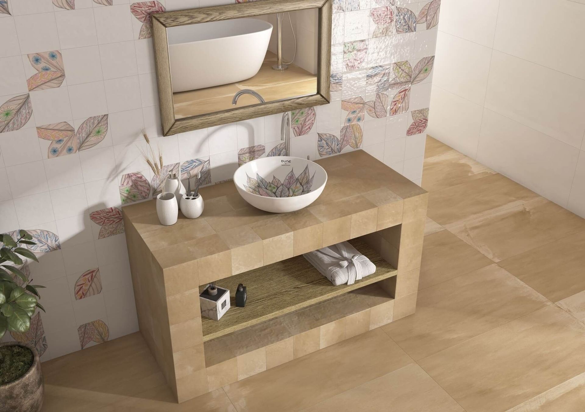 Mueble de baño con lavabo, espejo y papel pintado estampado.