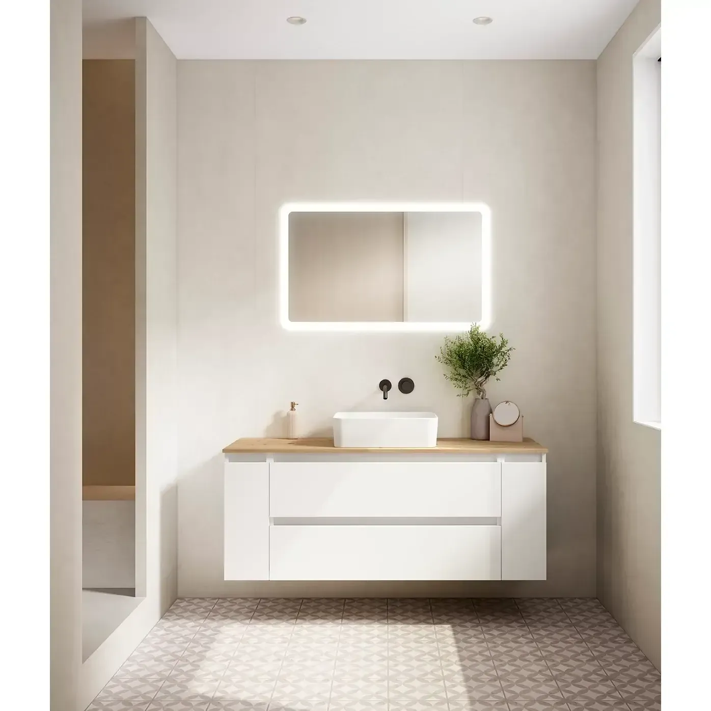 Baño moderno con tocador flotante blanco, encimera de madera clara y espejo retroiluminado.