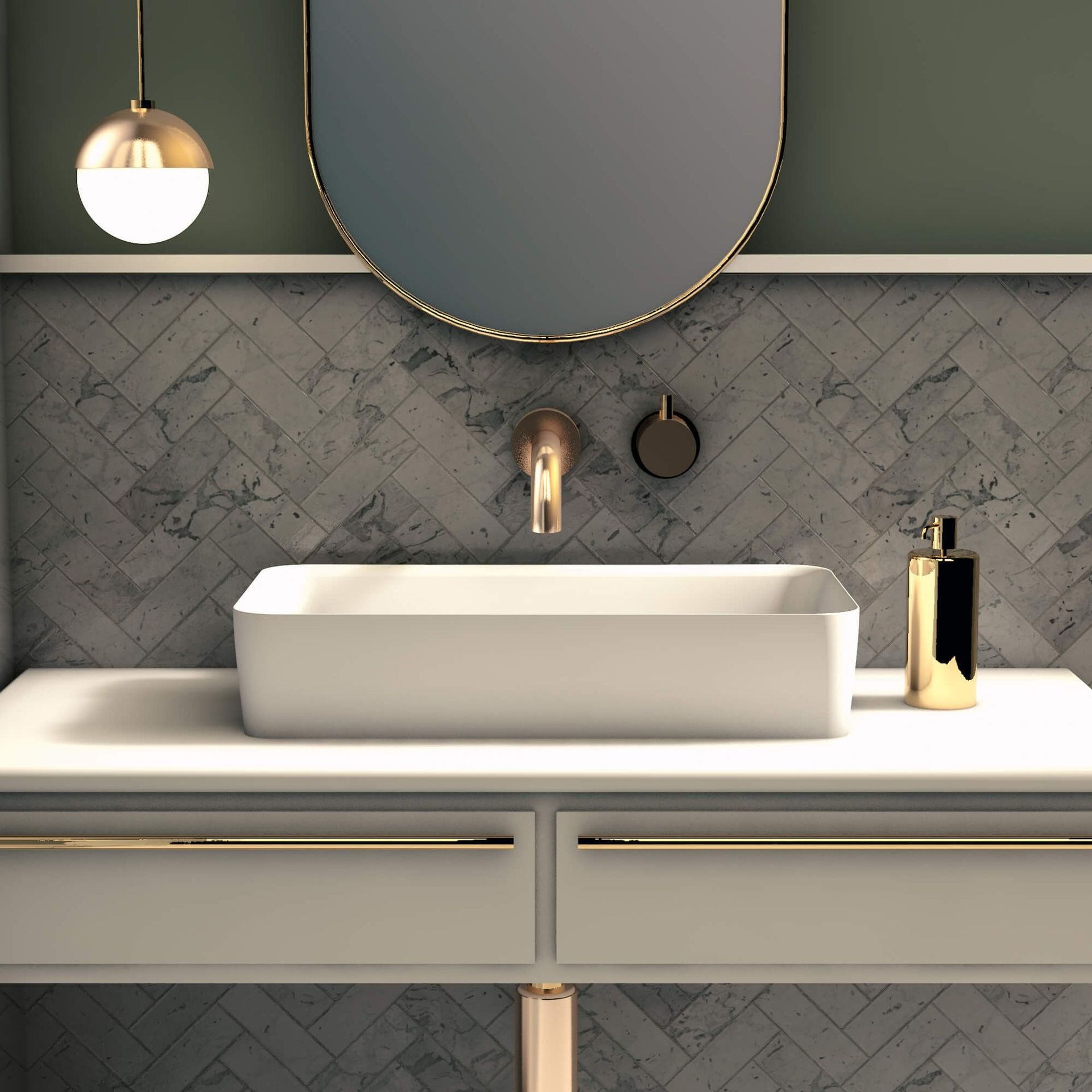 Mueble de baño con lavabo blanco, accesorios dorados y azulejos en espiga gris.