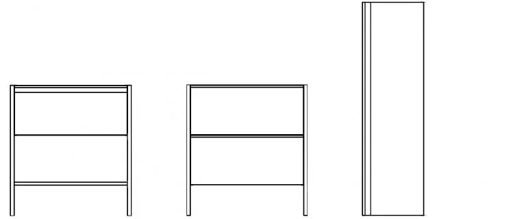 Tres dibujos esquemáticos de muebles: dos armarios bajos y un armario alto.