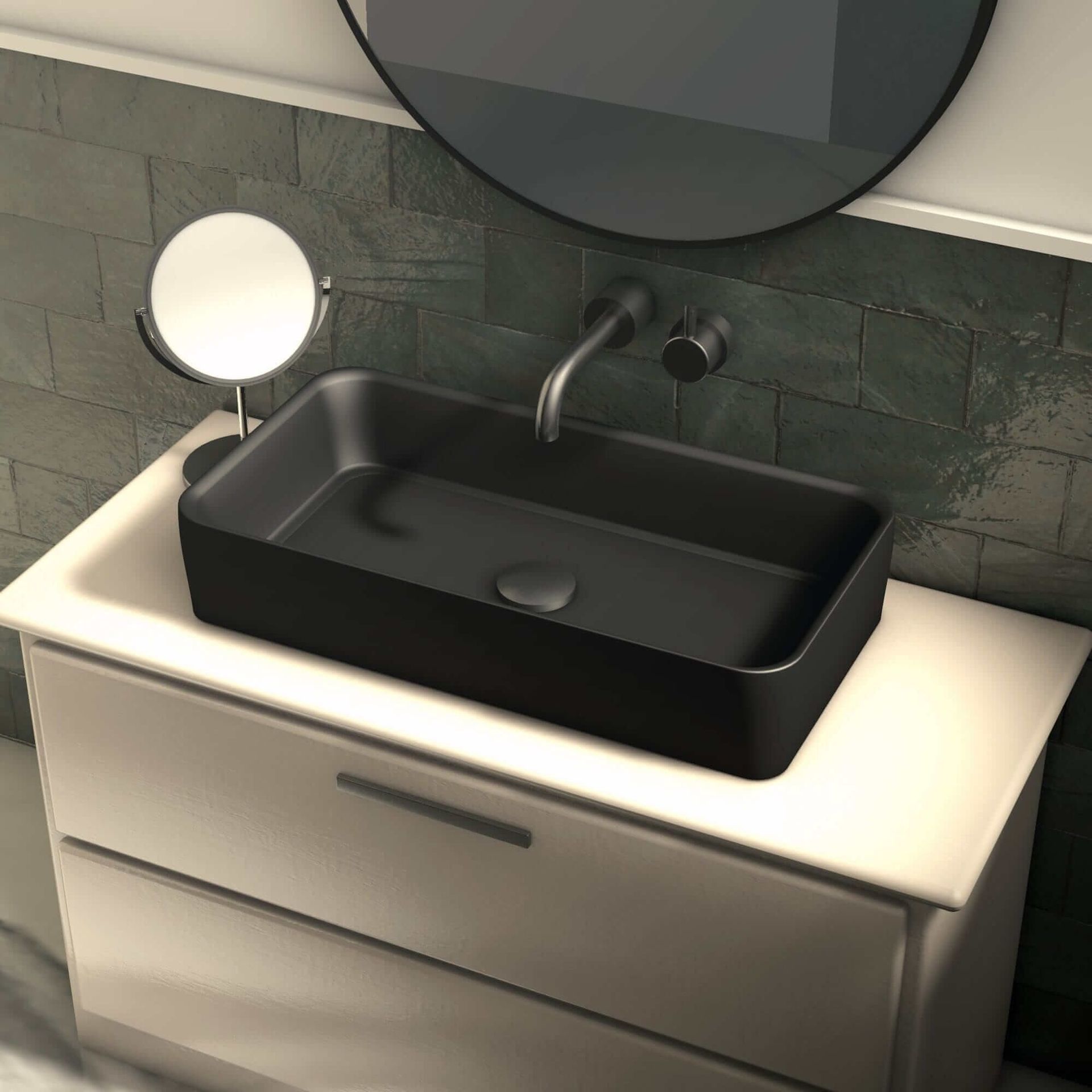 Lavabo rectangular negro sobre mueble blanco con espejo redondo y grifo.