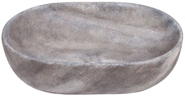 Cuenco ovalado de aspecto piedra con remolinos grises, probablemente de uso decorativo o funcional.