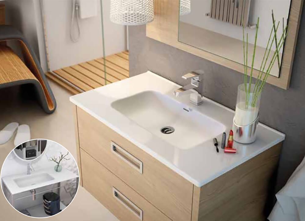 Mueble de baño moderno con encimera blanca y lavabo rectangular.