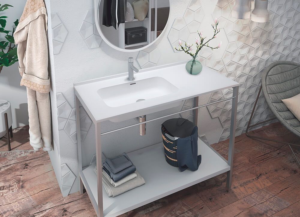 Mueble de baño moderno blanco con lavabo, espejo y estante.