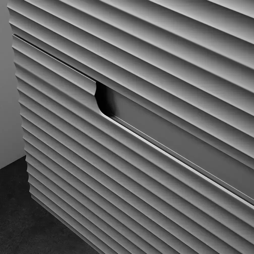 Gabinete gris con textura estriada horizontal, un cajón y un tirador empotrado.