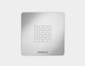 Panel cuadrado de metal cepillado con una cuadrícula de 4x4 cuadrados pequeños en el centro. 