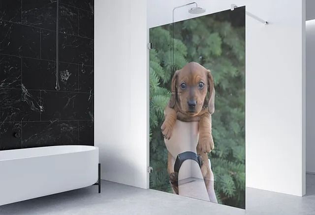 Baño con mampara de ducha de cristal que representa un cachorro. También se ven azulejos oscuros y una bañera blanca.