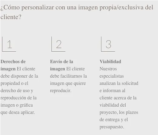 Proceso para personalizar con la imagen del cliente: Derechos, envío de imagen y evaluación de viabilidad.