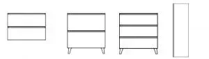 Dibujos de una mesita de noche con dos cajones, dos mesitas de noche con dos y tres cajones y un mueble alto y estrecho.