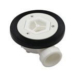 Dispositivo electrónico de color gris oscuro sobre un suelo de madera, con un borde fino y negro.