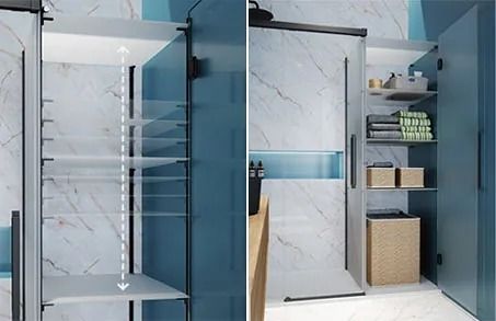 Mueble de baño con estantes ajustables, puerta que se abre para revelar artículos de tocador, toallas y cesto para la ropa.