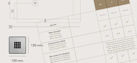 Diagrama con dimensiones de un desagüe cuadrado y tabla con opciones de producto.