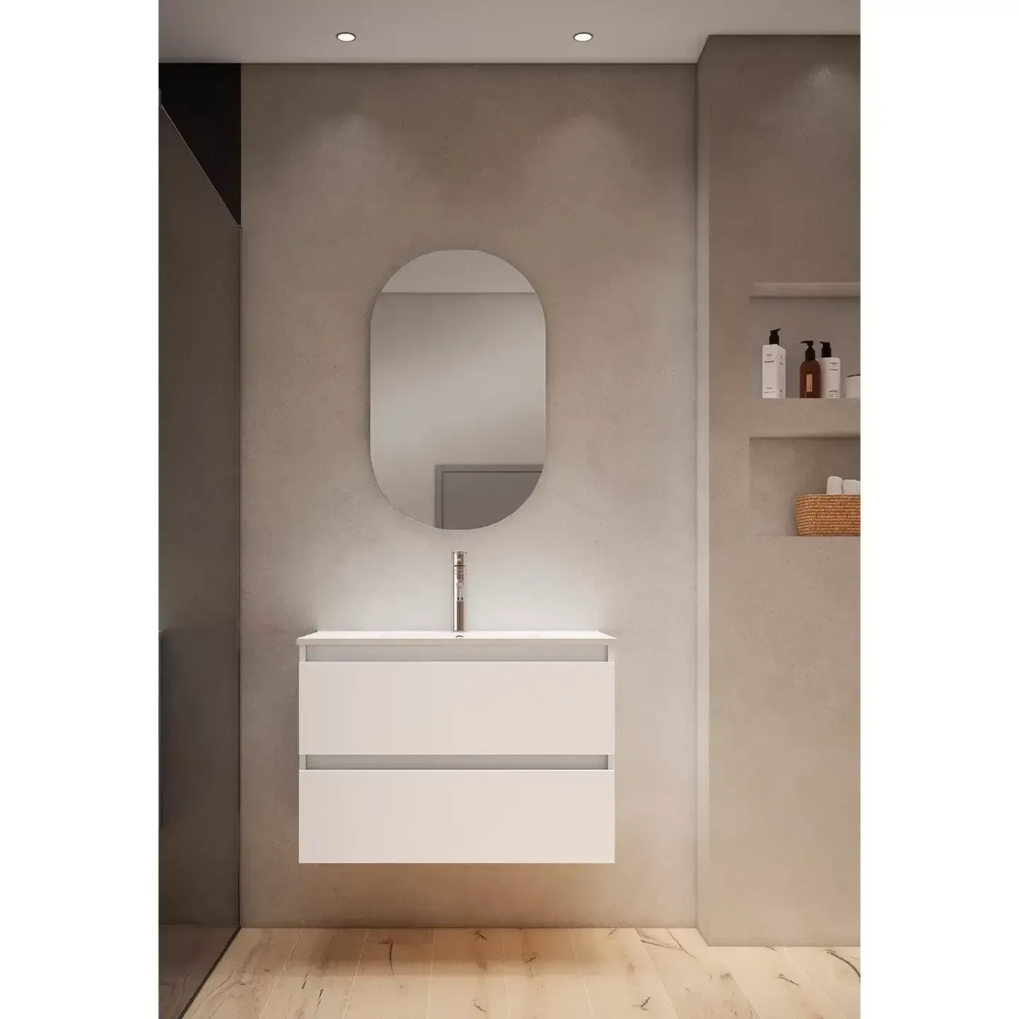 Mueble de baño blanco con dos cajones, espejo ovalado y suelo de madera.